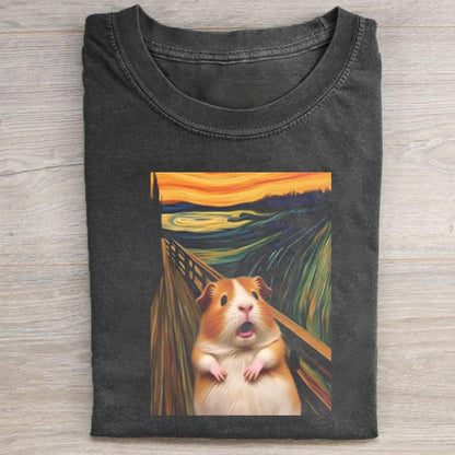 Short Sleeve Black T-Shirt with Scream Hamster Art Print for Casual Wear