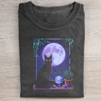 Black Cat Moon Night Window Graphic T-Shirt