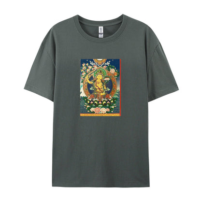 Buddhist Thangka Art T-Shirt  White Cotton Tee with Traditional Tibetan Design  Spiritual Meditation Clothing for Men and Women  Comfortable Fit for Daily Wear  Unique Cultural Gift Idea