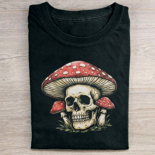 Mushroom Skull Print Pure Cotton Crew Neck T-Shirt