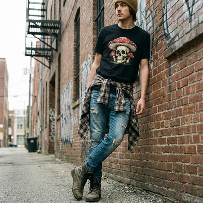 Mushroom Skull Print Pure Cotton Crew Neck T-Shirt
